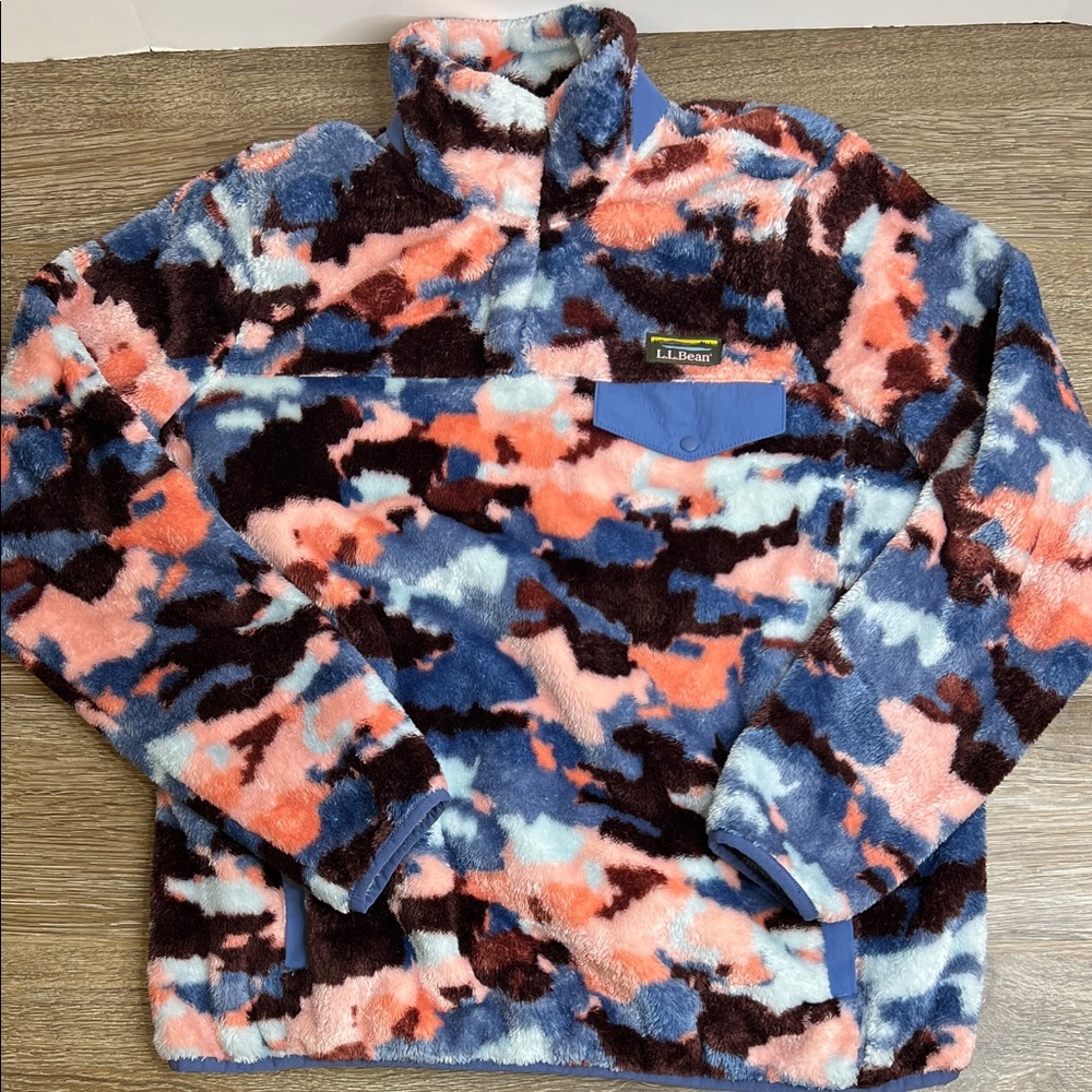 L.L. Bean Cozy Camp Fleece Snap Pullover Jacket Multicolor Camo Size M